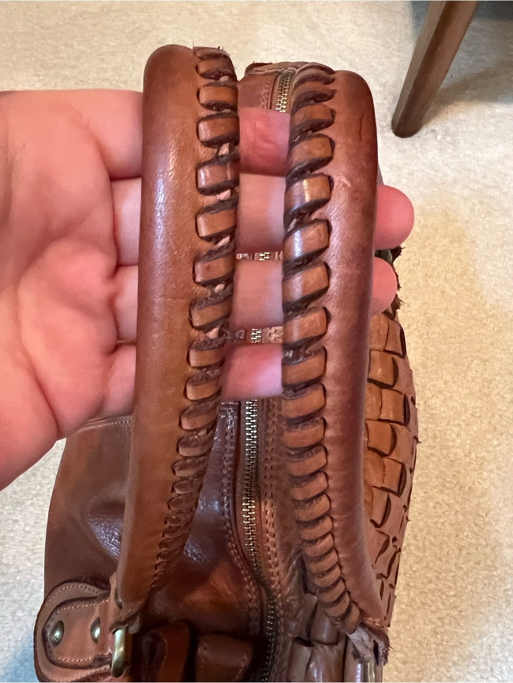 Sundance Catalog Cognac Brown Woven Leather Basketweave Satchel Bag - Picture 6 of 14